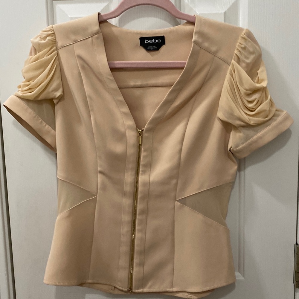Bebe top beige, decorative sleeves, size small zipper front 2010s